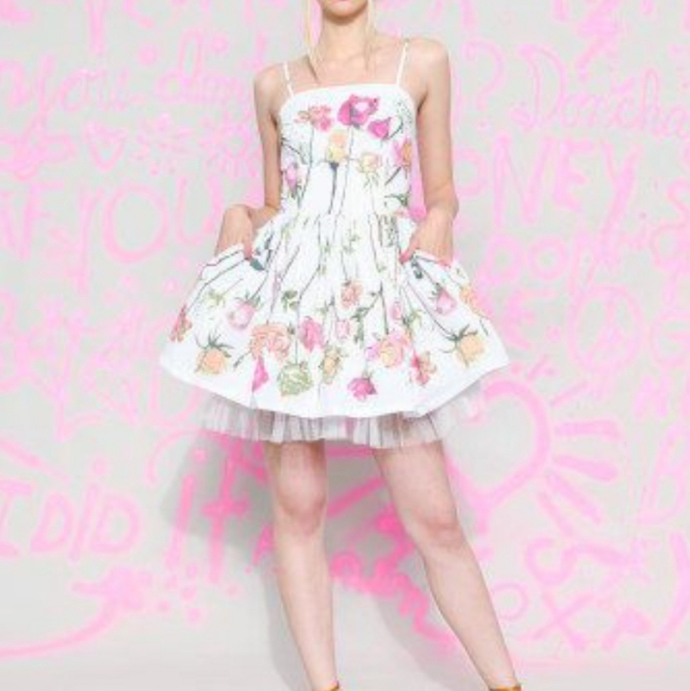 Betsey Johnson Tea Party Dress Womens 10 White Pink Floral Mini Ruffle Fairy